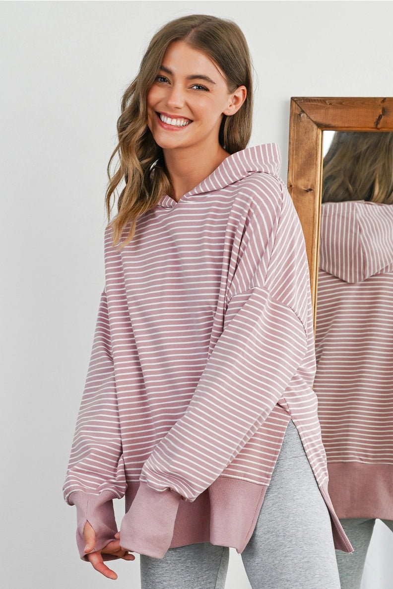 Striped Thumbhole Side Slit Hoodie - The Nines