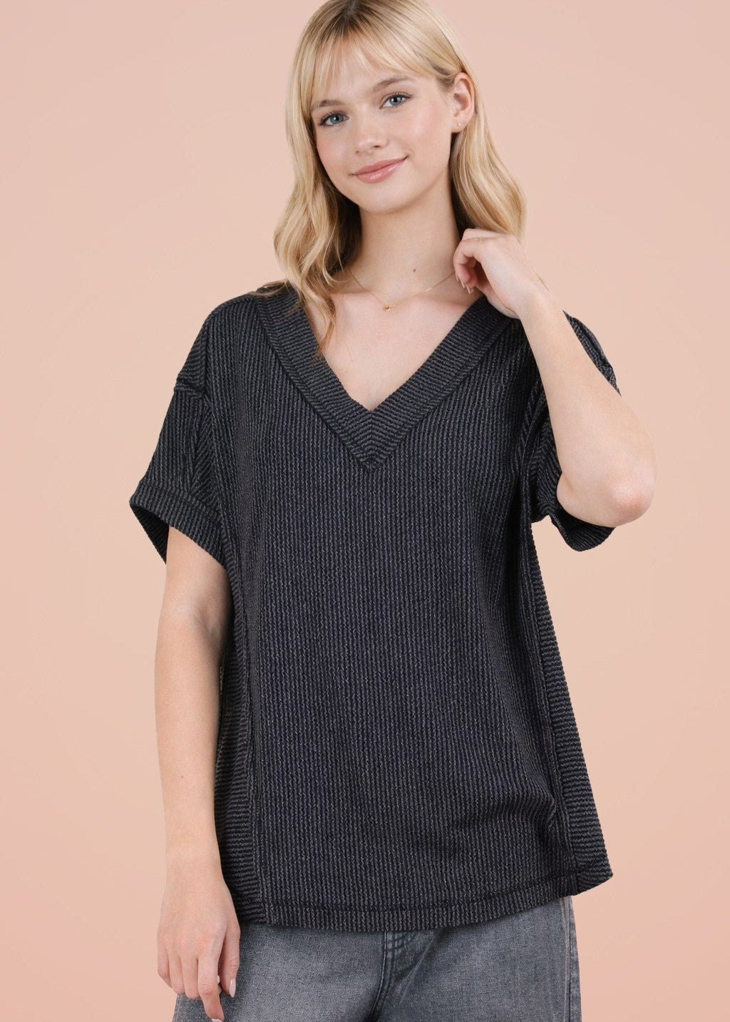 Ribbed V - neck Top - 3 Colors! - The Nines