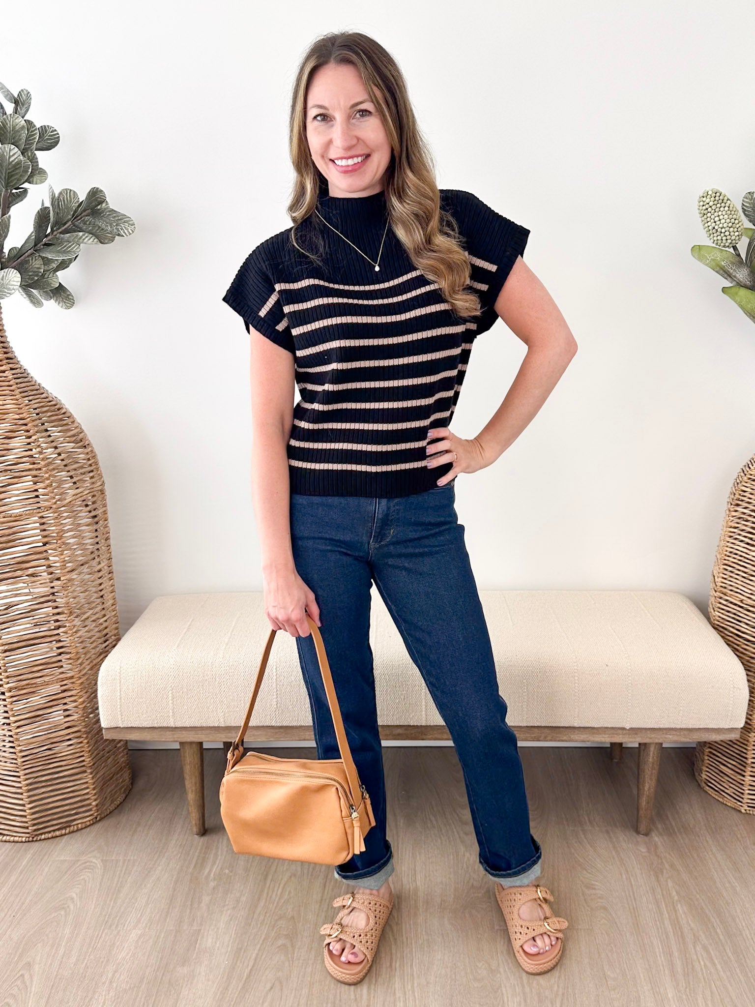 Striped Mock Neck Short Sleeve Sweater - The Nines