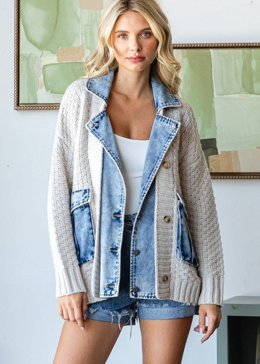Cream Knit Layered Denim Jacket - The Nines