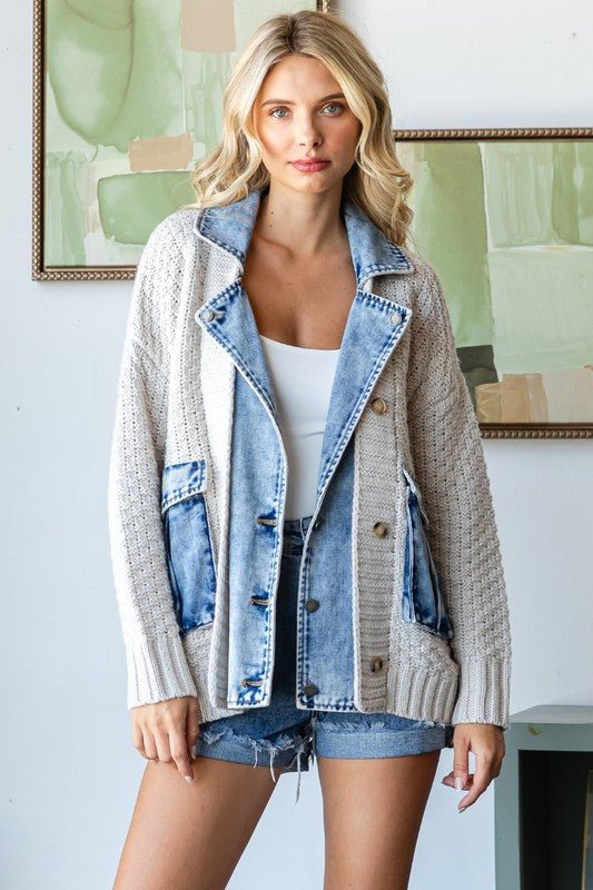 Cream Knit Layered Denim Jacket - The Nines
