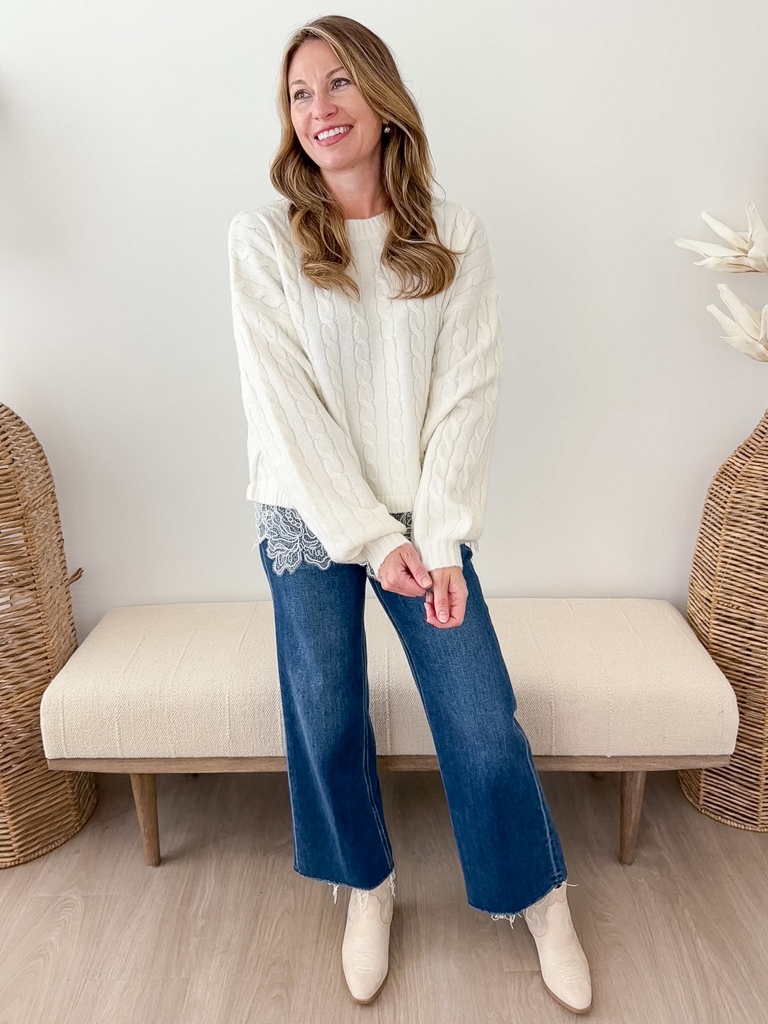 Cable Knit Lace Mixed Hem Sweater - The Nines
