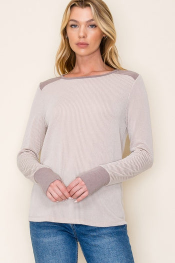 Taupe Thumhole Ribbed Crew Long Sleeve