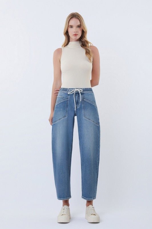 Vervet High Rise Drawstring Waistband Barrel Jeans - The Nines
