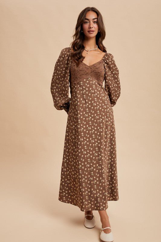 Mocha Mousse Lace Panel Floral Dress - The Nines