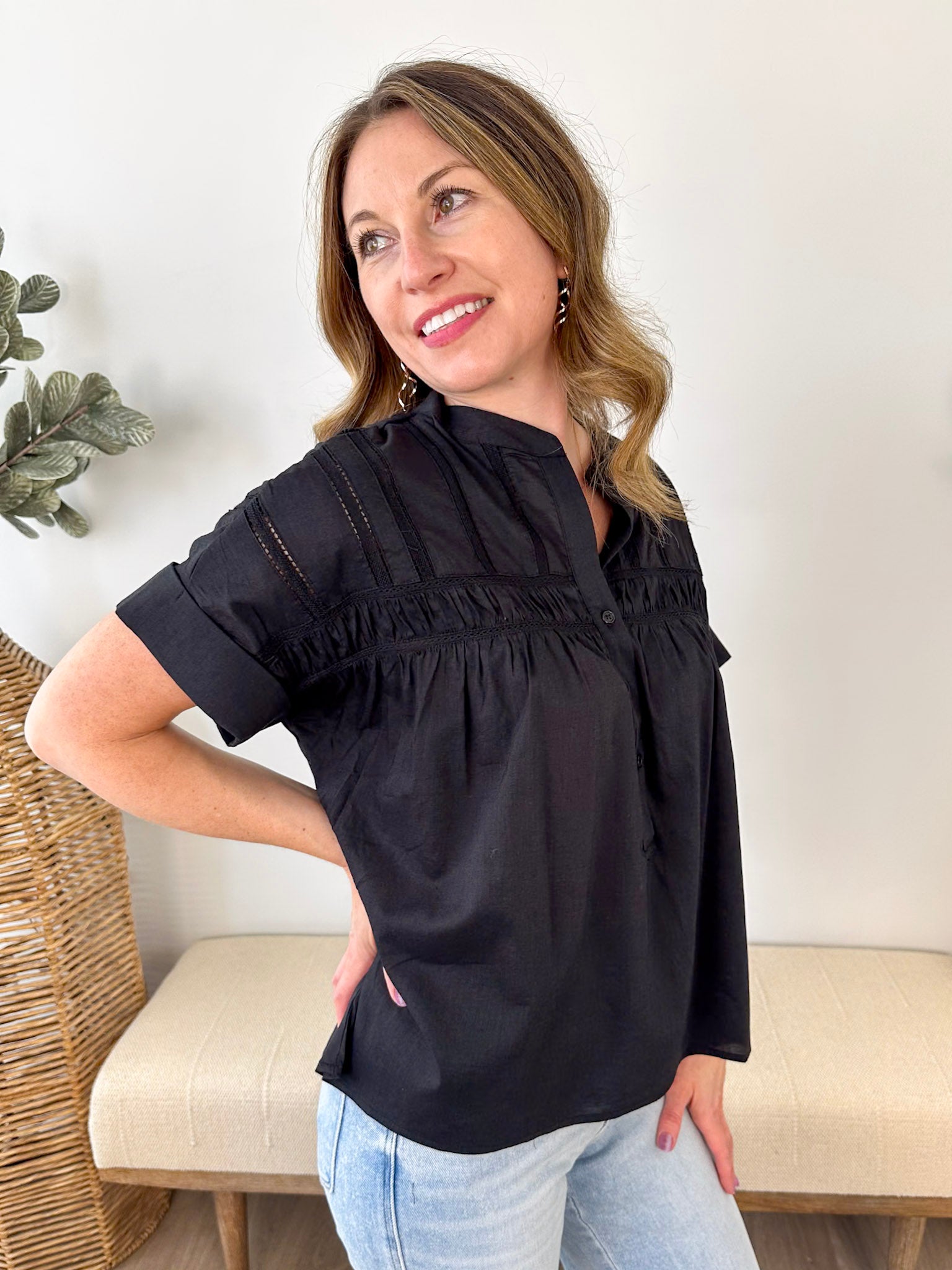 Eyelet Button Up Dolman Blouse - The Nines
