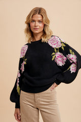 Black Floral Puff Sleeve Sweater