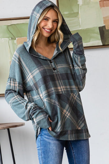 Jade Cozy Vibes & Good Times Plaid Thumbhole Hoodie - FINAL SALE