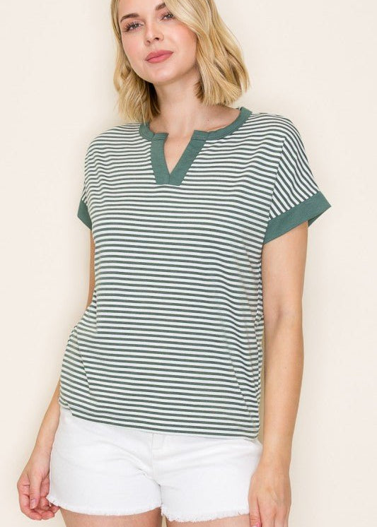 Ivory & Green Striped Short Sleeve - The Nines