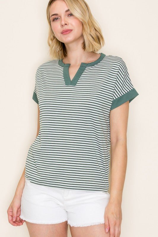 Ivory & Green Striped Short Sleeve - The Nines