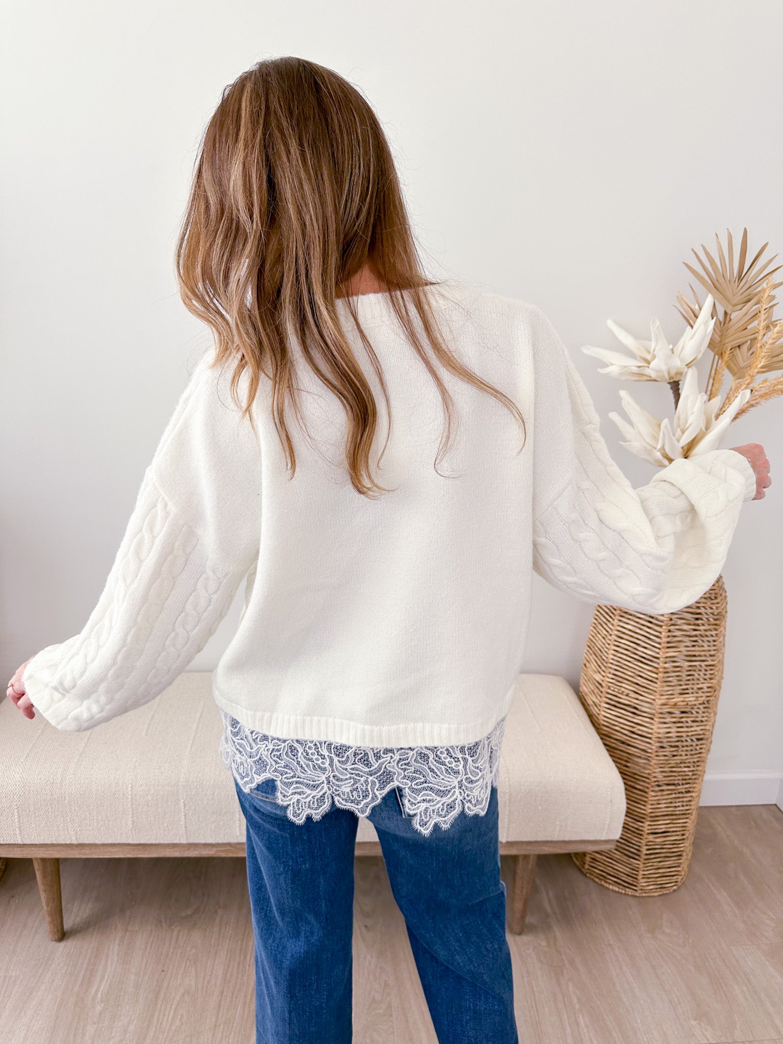Cable Knit Lace Mixed Hem Sweater - The Nines