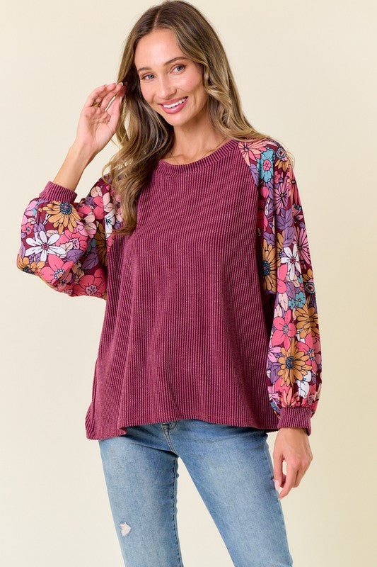 Dahlia Floral Sleeve Ribbed Tops - 2 Colors! - The Nines