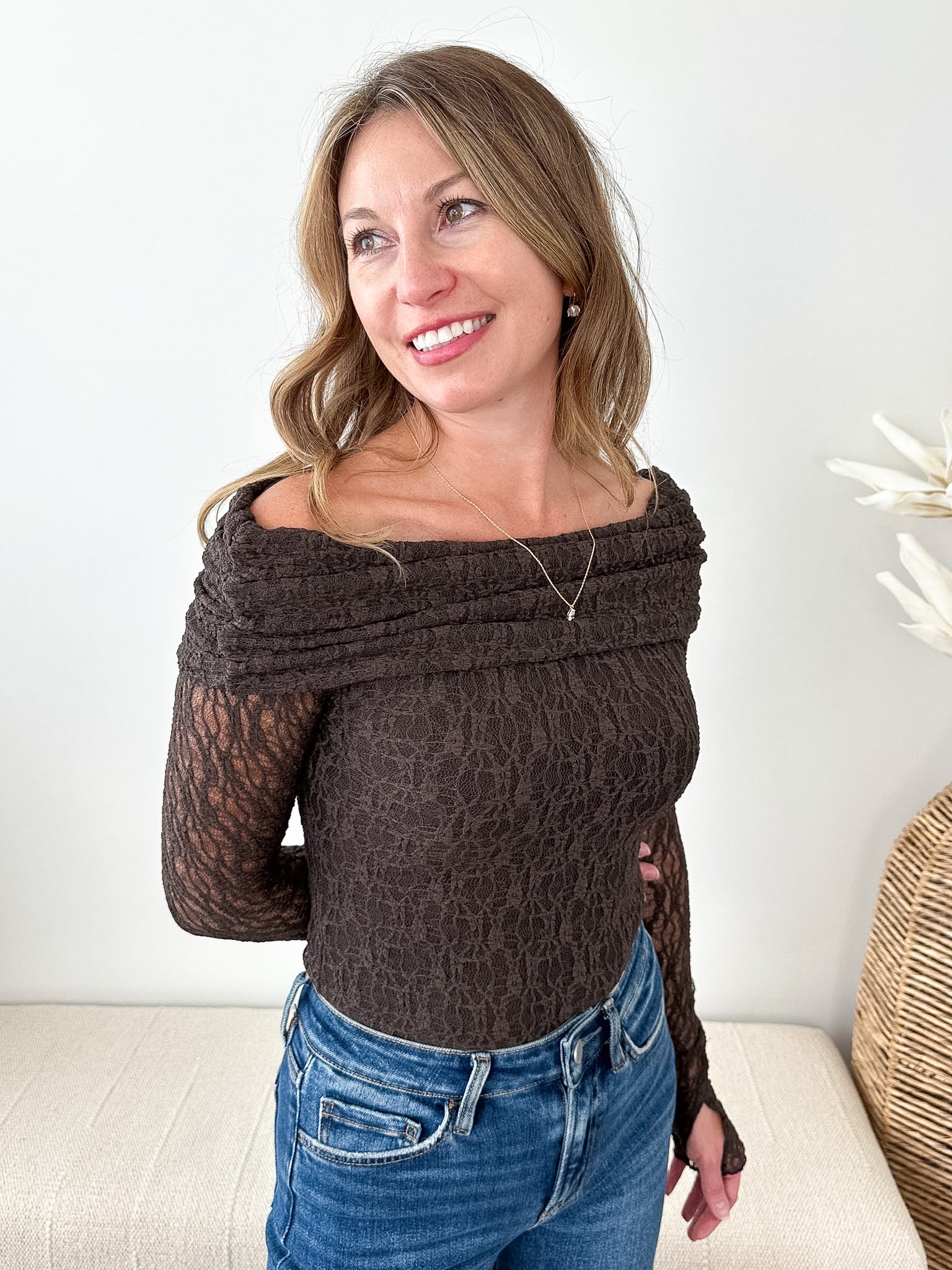 Lace Knit Off-Shoulder Bodysuit