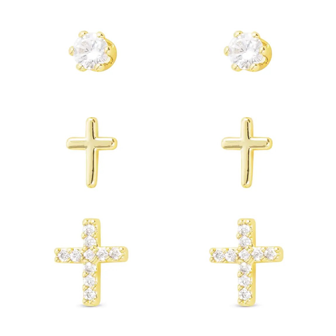 Gold Trio Cross with Stud Earrings - The Nines