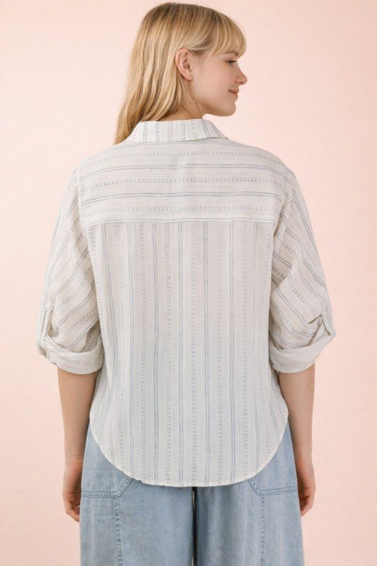 White & Blue Printed Roll Up Sleeve Top - The Nines