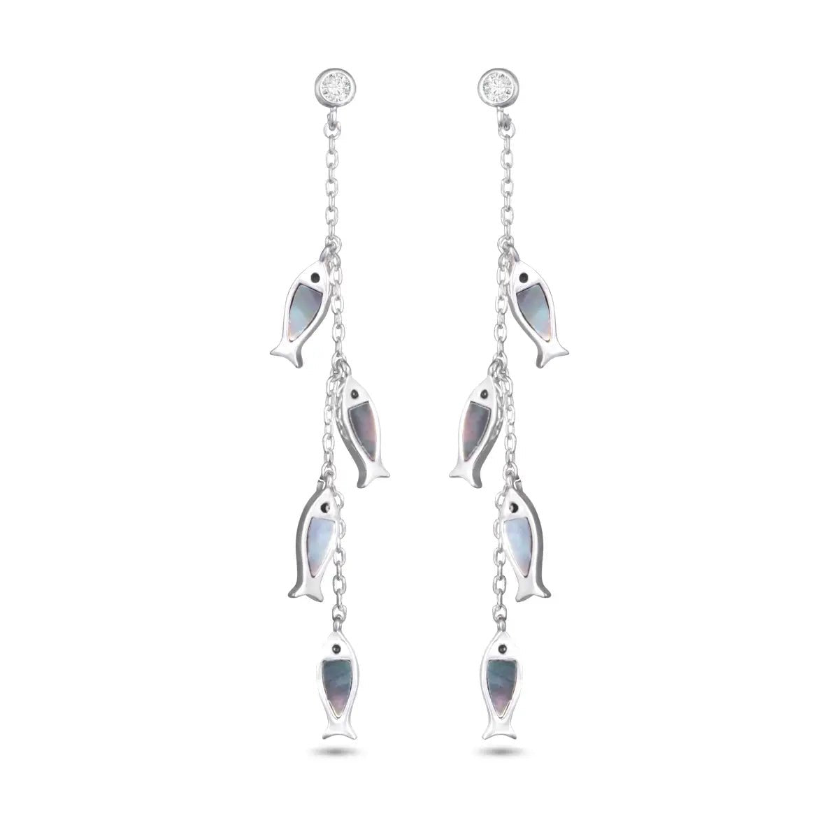 Grey Mother of Pearl Four Fish Chain Drop Earrings - Silver - The Nines