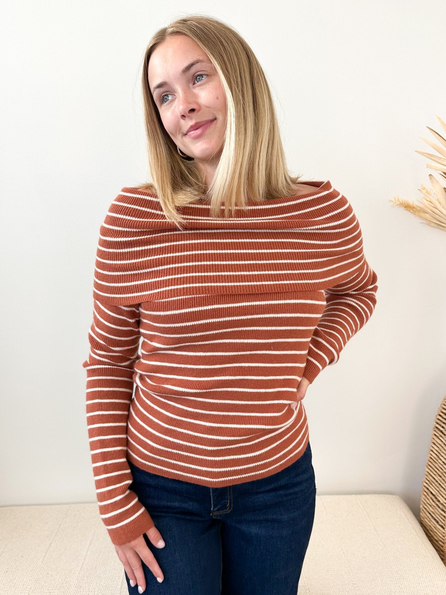 Brigitte Striped Foldover Knit Top - The Nines
