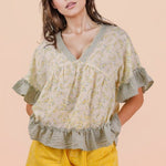 Lemon Floral Ruffle Hem Top - The Nines