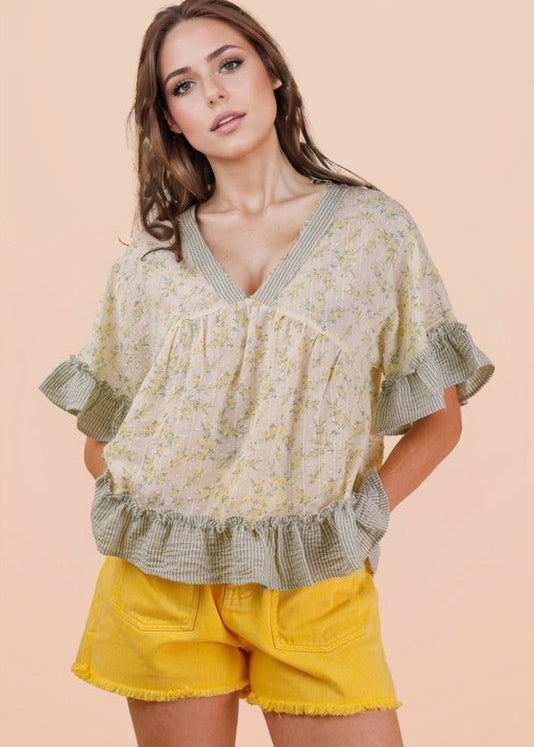 Lemon Floral Ruffle Hem Top - The Nines