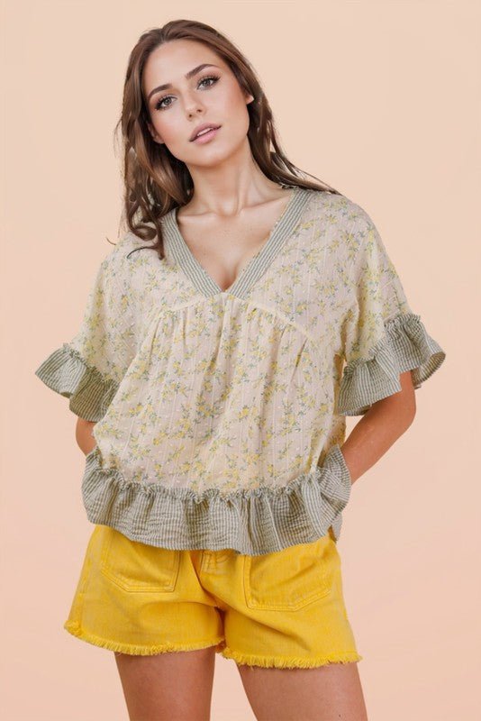 Lemon Floral Ruffle Hem Top - The Nines