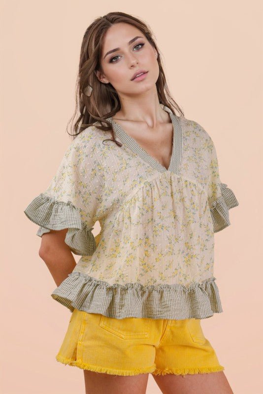 Lemon Floral Ruffle Hem Top - The Nines