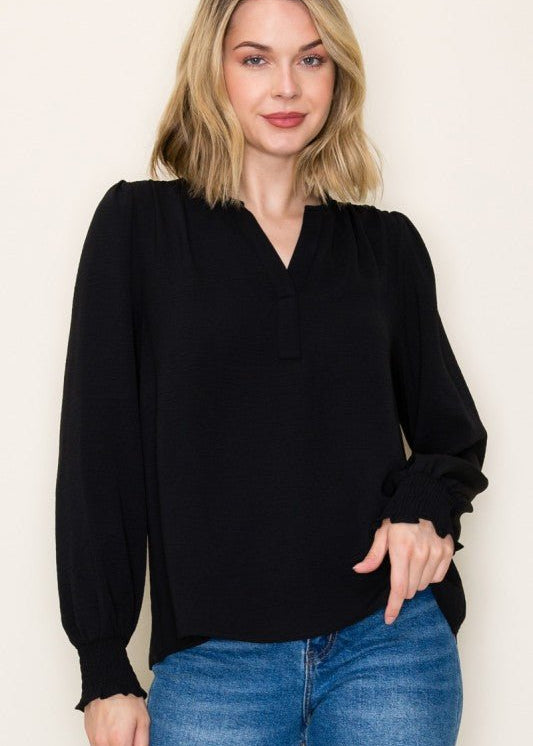 Split Neck Smocked Sleeve Top - 3 Colors! - The Nines