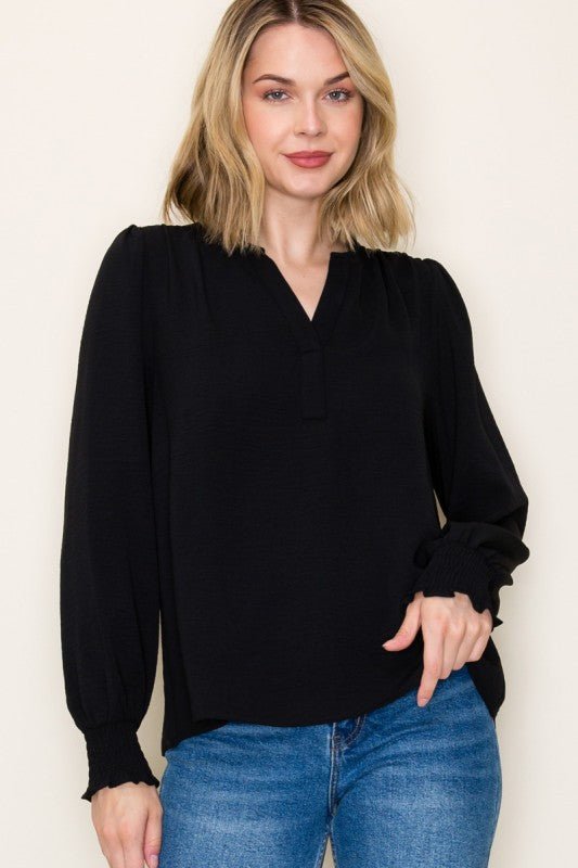 Split Neck Smocked Sleeve Top - 3 Colors! - The Nines