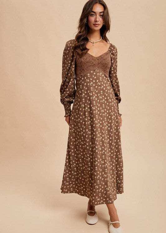 Mocha Mousse Lace Panel Floral Dress - The Nines
