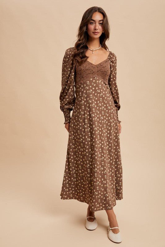 Mocha Mousse Lace Panel Floral Dress - The Nines