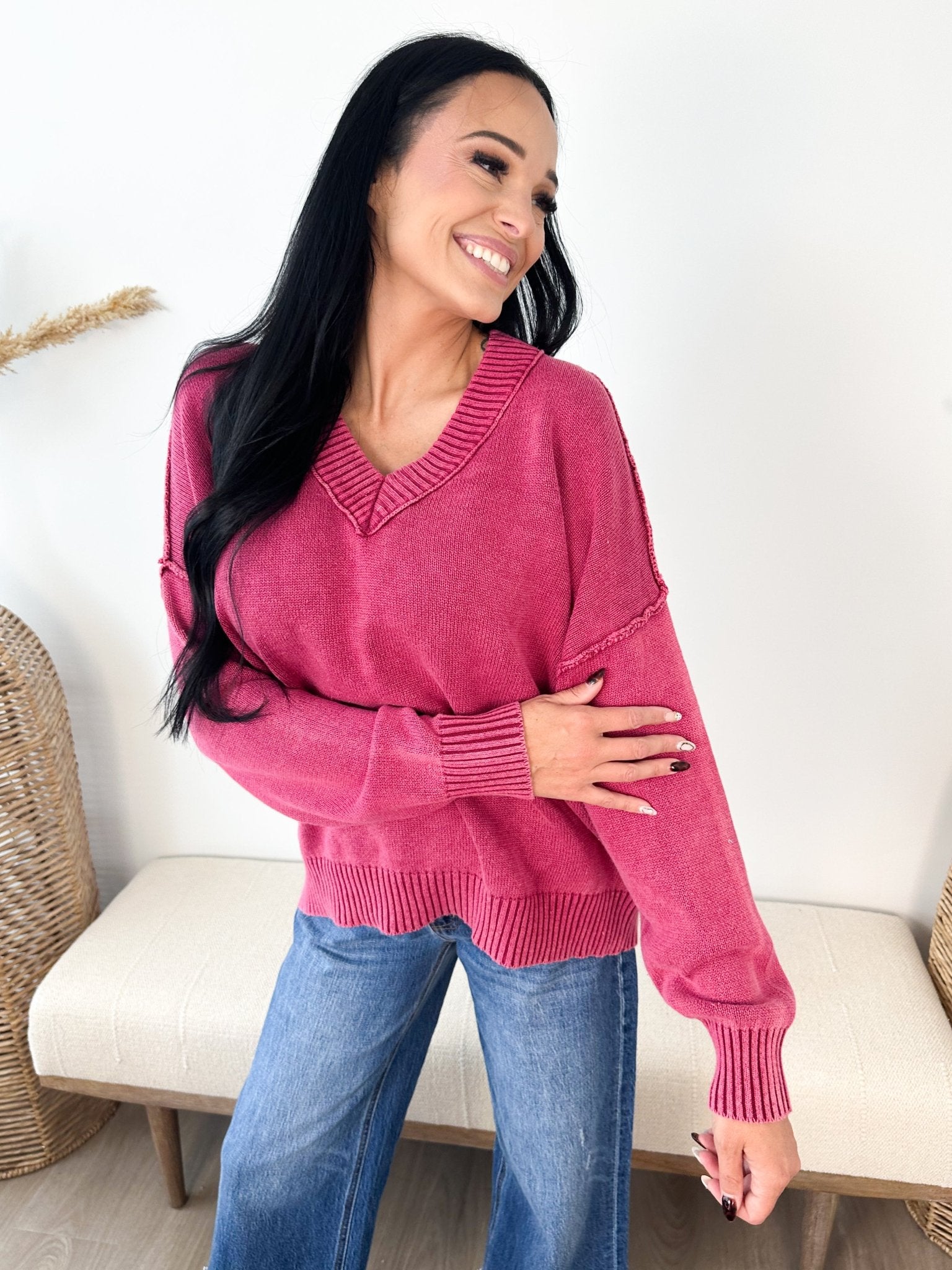 Washed Deep V-neck Oversized Sweater - The Nines