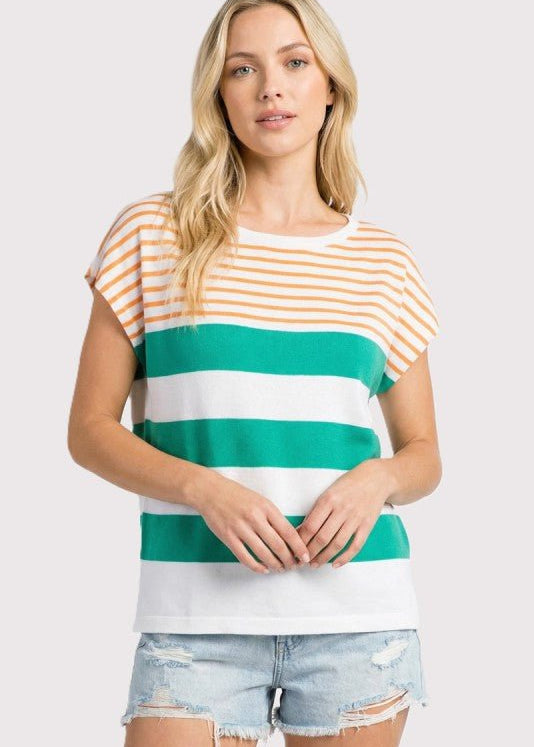 Kelly Green & Orange Knit Short Sleeve Top - The Nines