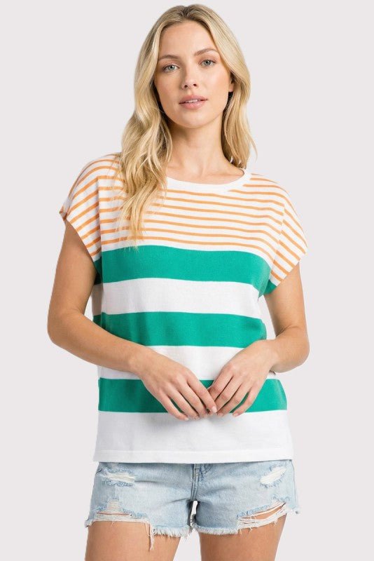Kelly Green & Orange Knit Short Sleeve Top - The Nines