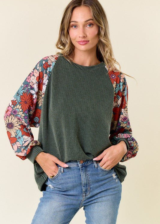 Dahlia Floral Sleeve Ribbed Tops - 2 Colors! - The Nines