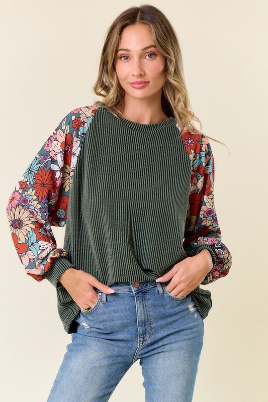 Dahlia Floral Sleeve Ribbed Tops - 2 Colors! - The Nines
