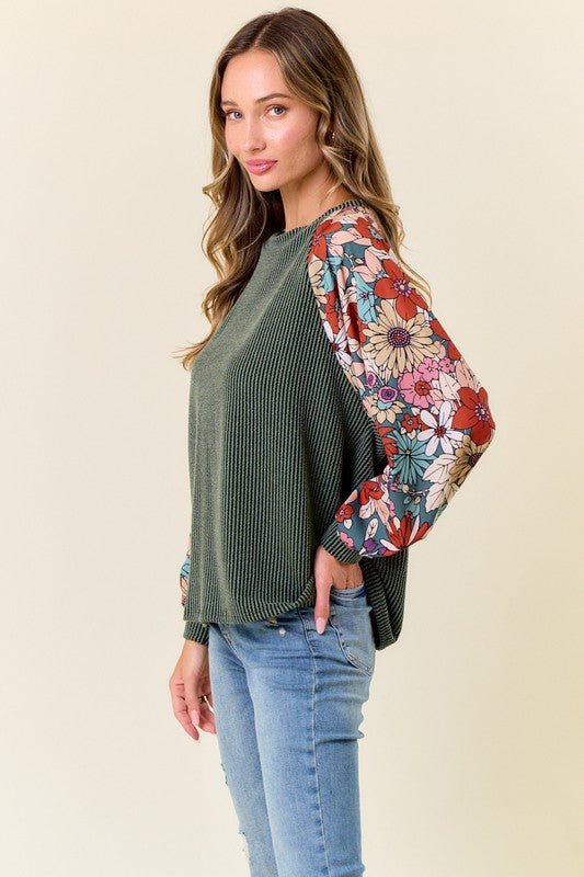 Dahlia Floral Sleeve Ribbed Tops - 2 Colors! - The Nines