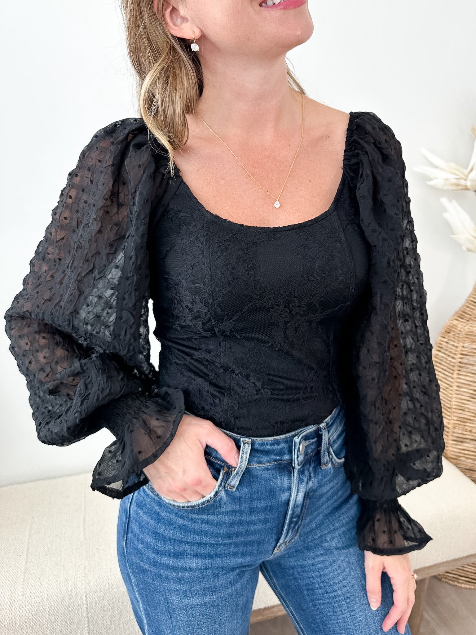 Lace Chiffon Fitted Bodysuit - The Nines
