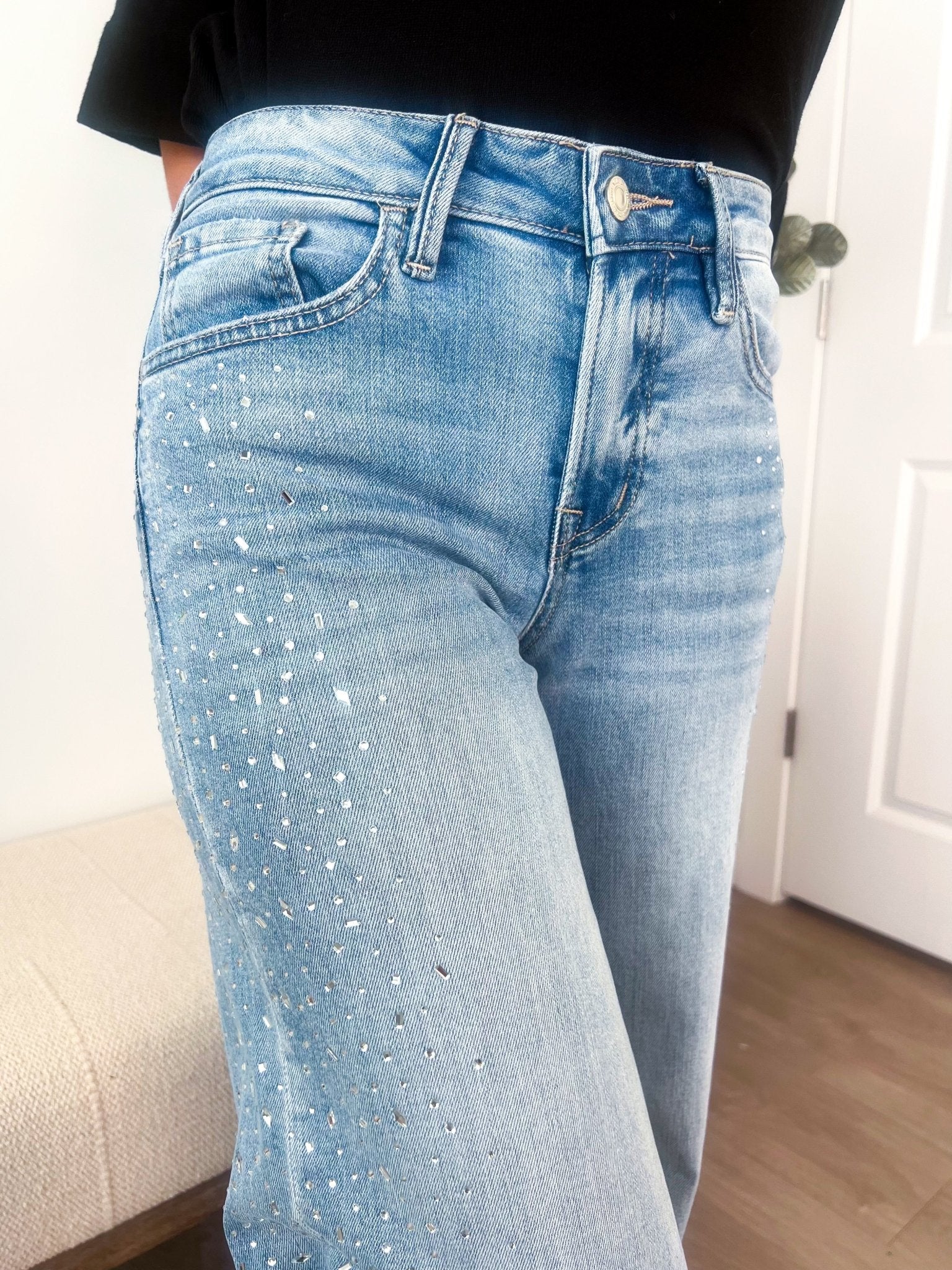 Vervet Olivia High Rise Intrigue Embellished Wide Jeans - The Nines