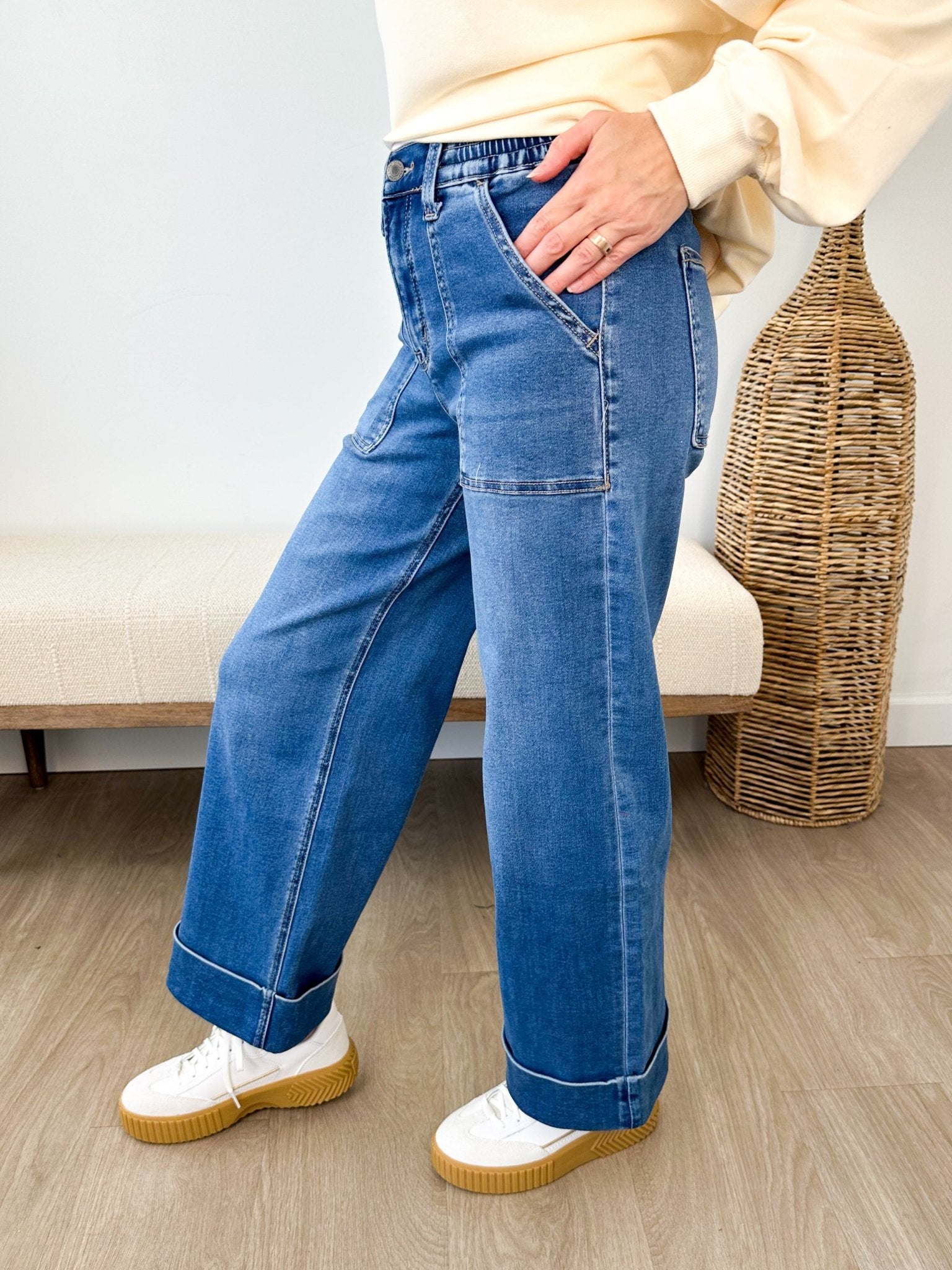 Vervet High Rise Double Cuffed Wide Leg Jeans - The Nines