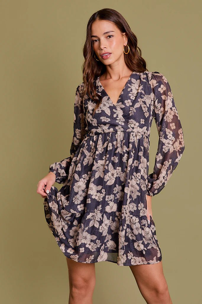 Taupe & Charcoal Floral Dress - The Nines