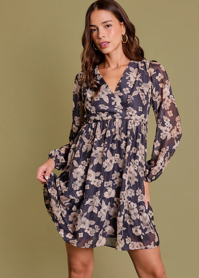 Taupe & Charcoal Floral Dress - The Nines