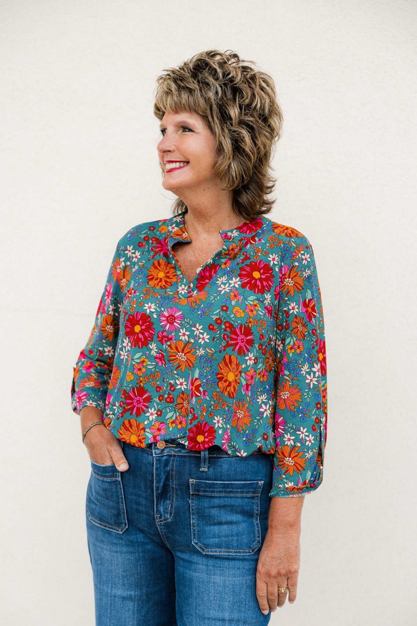 Hunter Green Floral Wrinkle Free Top - The Nines
