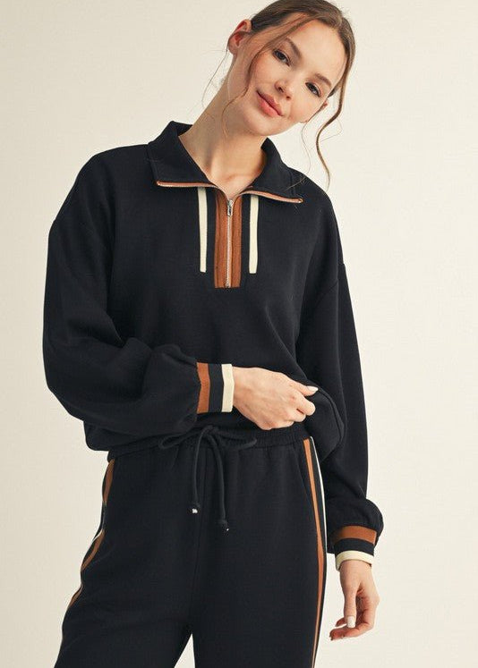 Black Colorblock Trim Detail Zip Top - The Nines