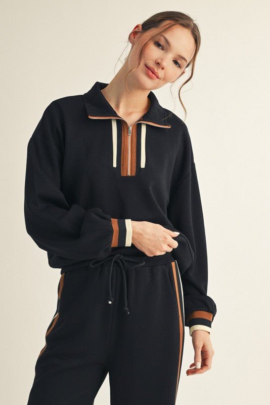 Black Colorblock Trim Detail Zip Top - The Nines