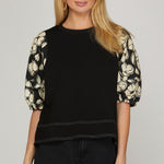 Black Knit Floral Sleeve Top - The Nines