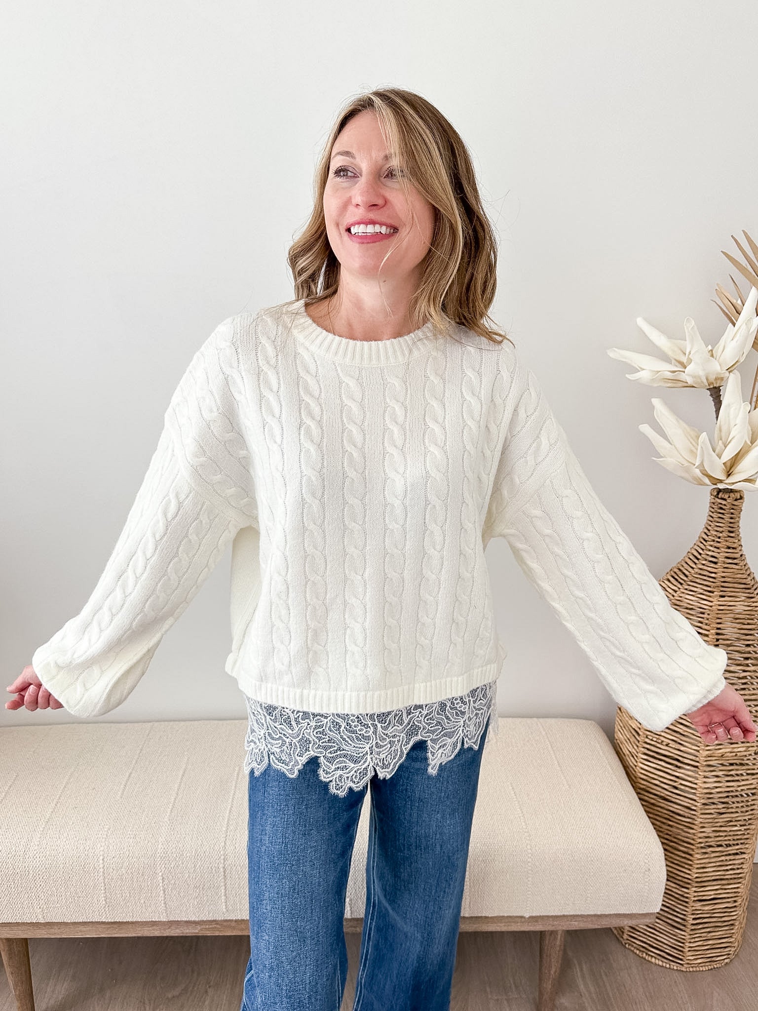 Cable Knit Lace Mixed Hem Sweater - The Nines