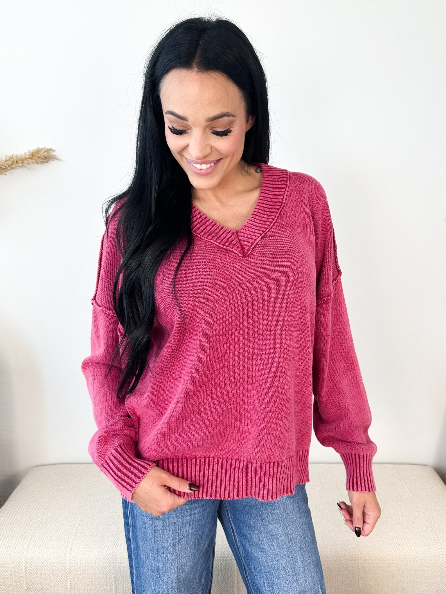 Washed Deep V-neck Oversized Sweater - The Nines