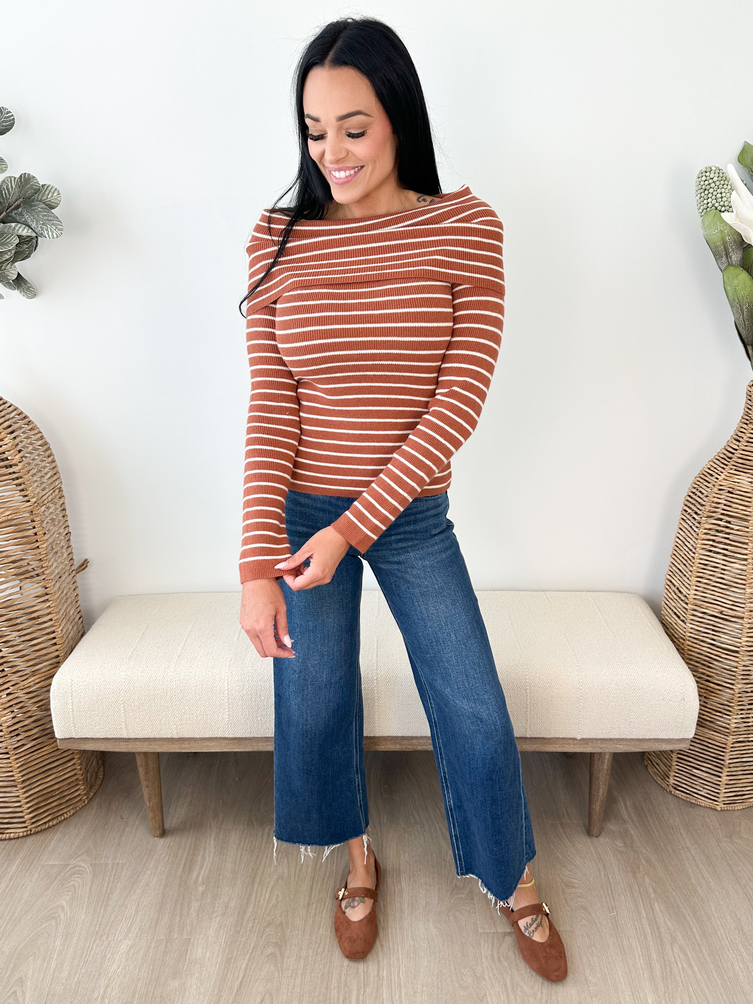 Brigitte Striped Foldover Knit Top