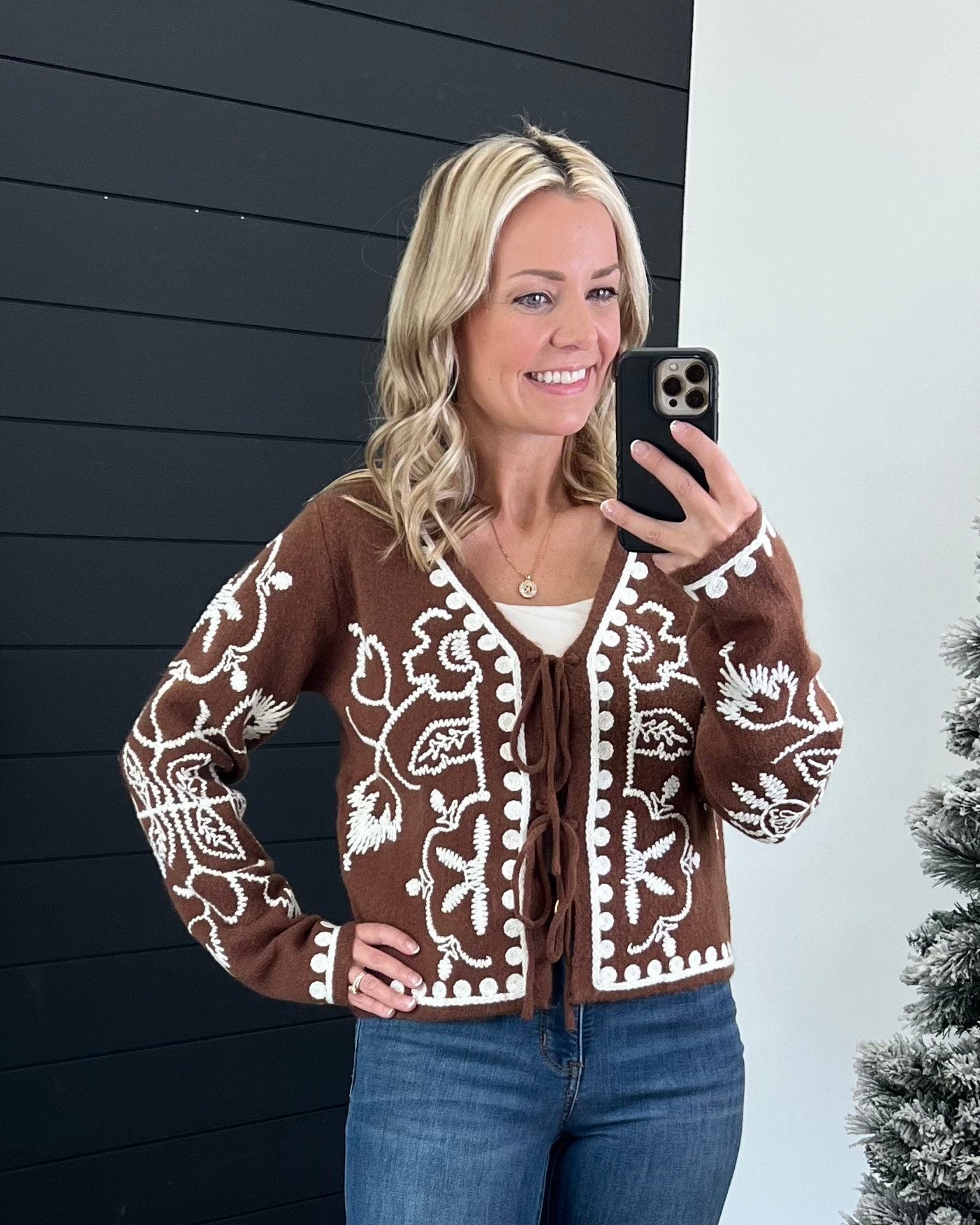 Coffee V - neck Embroidered Sweater Jacket - The Nines