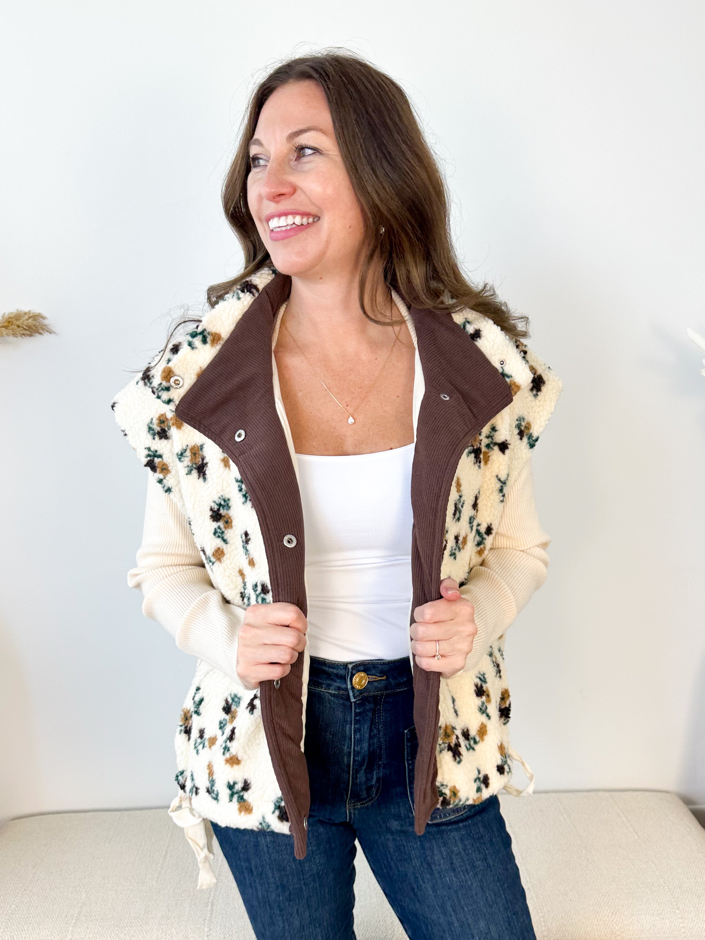 Fuzzy Floral Sherpa Vest