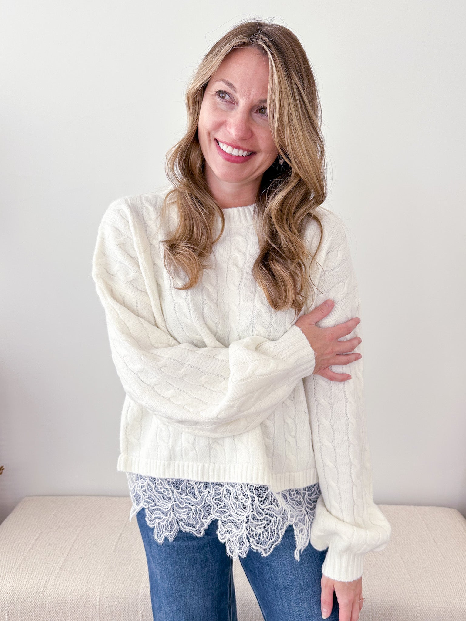 Cable Knit Lace Mixed Hem Sweater - The Nines